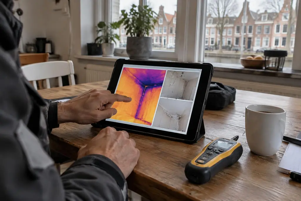 Lekdetectie Breukelen – lekdetectierapport met warmtebeelden en foto's op een tablet