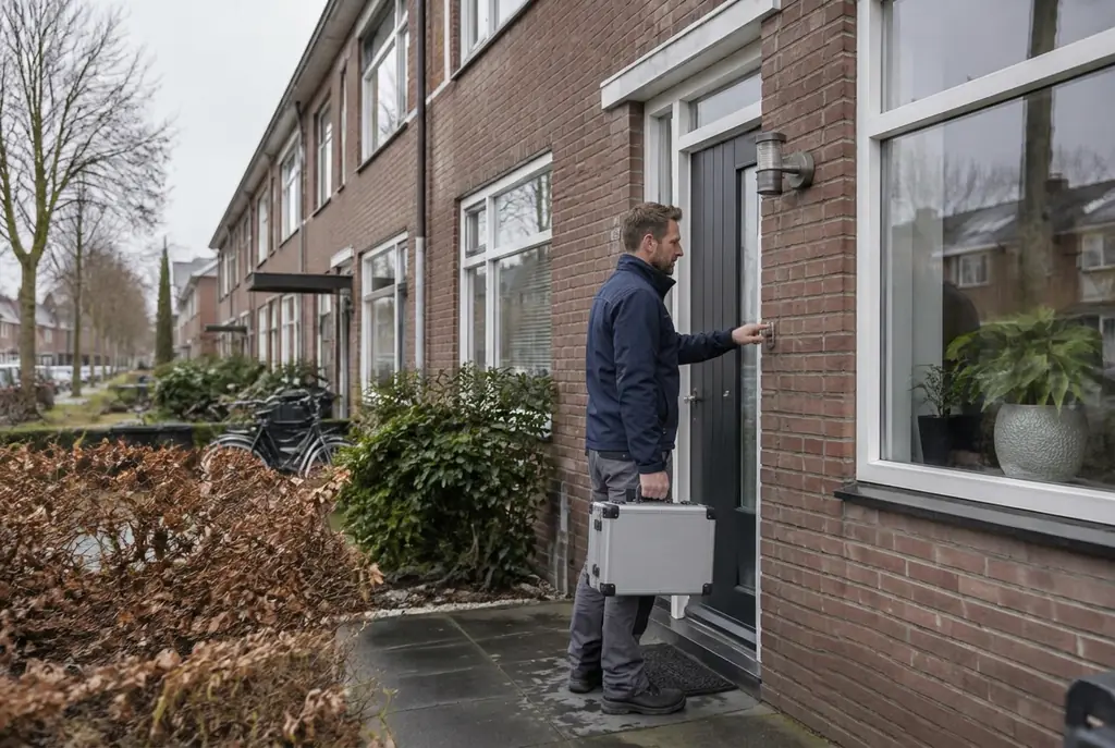 Lekdetectiespecialist met meetkoffer bij de voordeur van een woning in Breukelen
